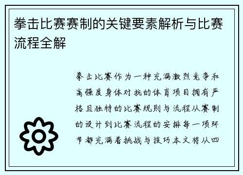 拳击比赛赛制的关键要素解析与比赛流程全解