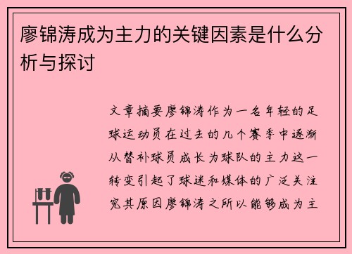 廖锦涛成为主力的关键因素是什么分析与探讨